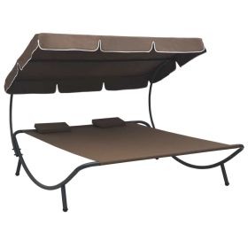 Patio Lounge Bed with Canopy and Pillows Brown
