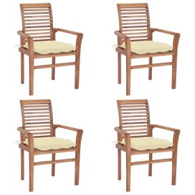 Dining Chairs 4 pcs with Cream White Cushions Solid Teak Wood