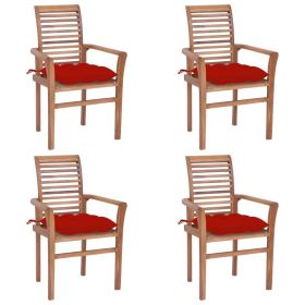 Dining Chairs 4 pcs with Red Cushions Solid Teak Wood