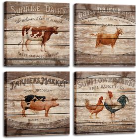 Animal Farm Canvas Wall Art Cattle Pig Chickens Pictures for Wall Retro Painting Wall Art for Living Room Dining Room Decor