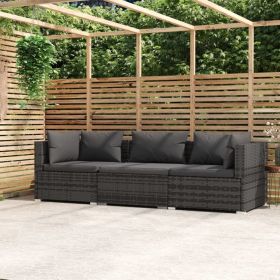 3-Seater Sofa with Cushions Gray Poly Rattan