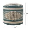 Volney Fabric Cylinder Pouf, White and Teal
