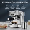 Geek Chef 20-Bar Espresso Machine with Milk Frother - Home Espresso Maker, Latte, Cappuccino, Machiato - 1.8L Water Tank - Stainless Steel