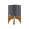 5" PLANTER W/ WOOD STAND, MATTE GRAY