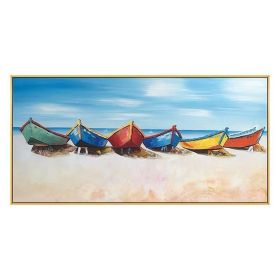 Hand Painted Boat Beach Canvas Painting Landscape Oil Painting For Living Room Salon Decoration Modern Wall Art Picture Handmade (size: 40x80cm)