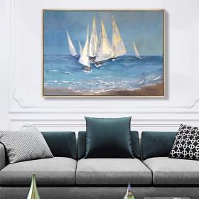 White sailboat vertical painting acrylic oil painting on canvas Handmade hanging picture wall art poster for living room decor (size: 90x120cm)