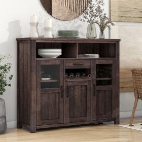 TREXM Retro Sideboard Multifunctional Kitchen Buffet Cabinet with Wine Rack, Drawer and Adjustable Shelves for Dining Room, Living Room (Color: Espresso)