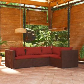 4 Piece Patio Lounge Set with Cushions Poly Rattan Brown (Color: Brown)